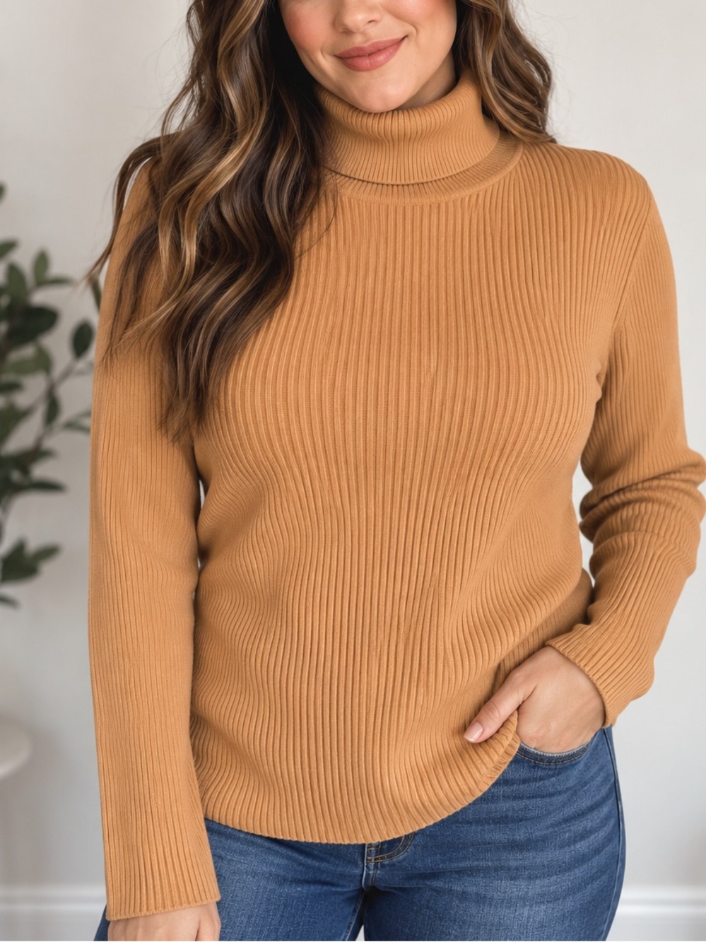 Coldwater Creek Ribbed Turtleneck Sweater Caramel Brown NWT Size L